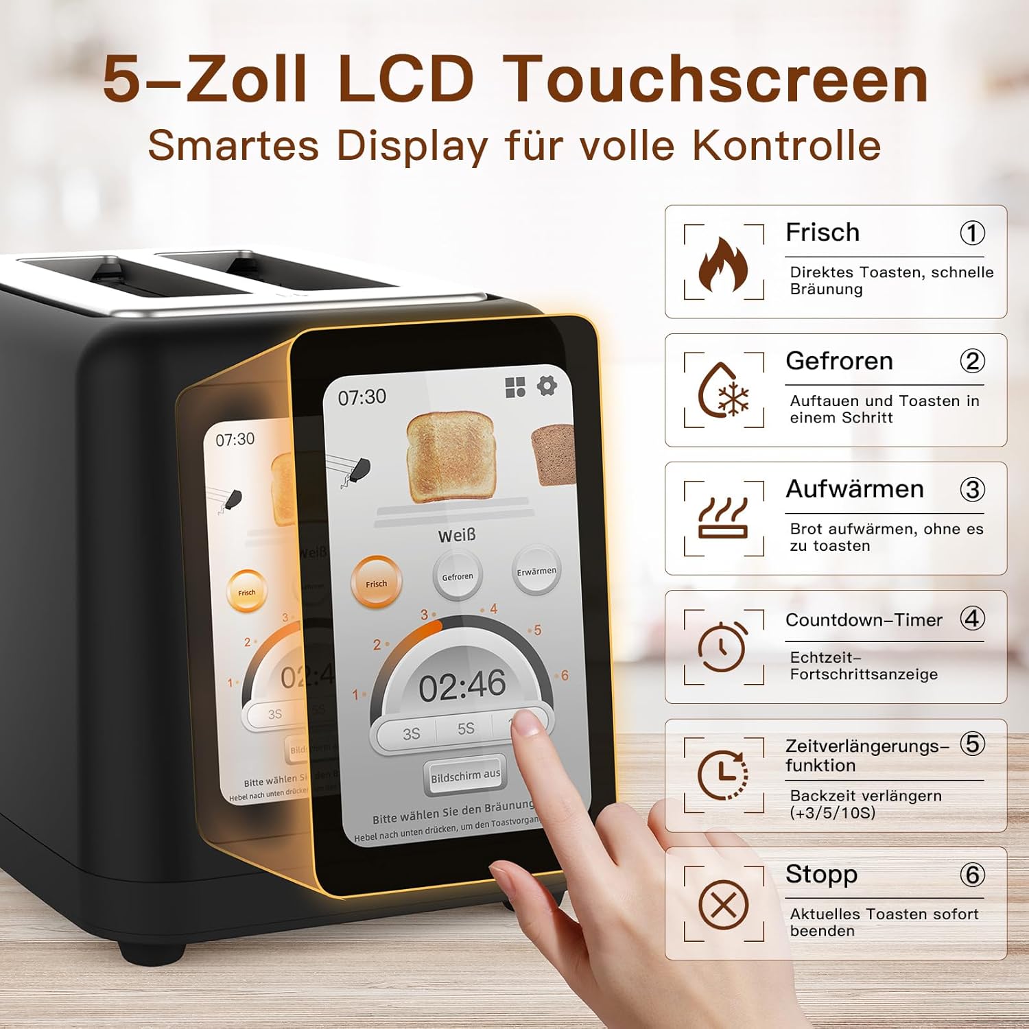 aeco toastlab Elite Toaster 2 Scheiben, Brötchenaufsatz, extra breite Toastschlitze, 6 Bräunungsstufen, 10 Programme, 850W, 5