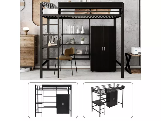 Lit mezzanine 90x200 cm - avec table - avec penderie - avec multiples rangements - avec échelle 5 marches - fer + panneaux de particules - noir (sans matelas)