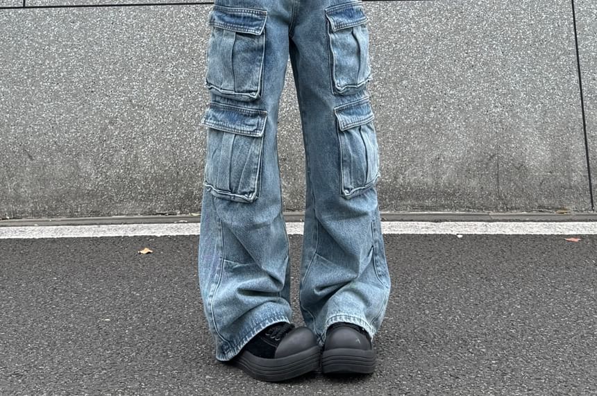 AXEN - Mid Rise Washed Wide Leg Cargo Jeans