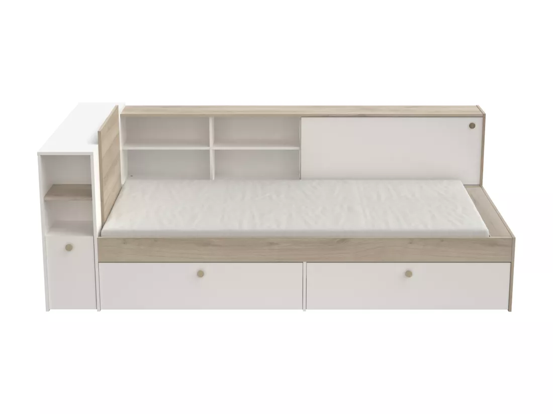 Lit modulable 90 x 190/200 cm avec rangements - Blanc et naturel + Sommier - LIARA