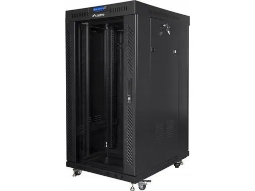 Lanberg FF01 series - Rack kabinet - 600 x 800, fladpakke, med glasdør, LCD - med LCD skærm, termostat, 4 køleblæsere - fritstående - sort, RAL 9004 - 22U - 19
