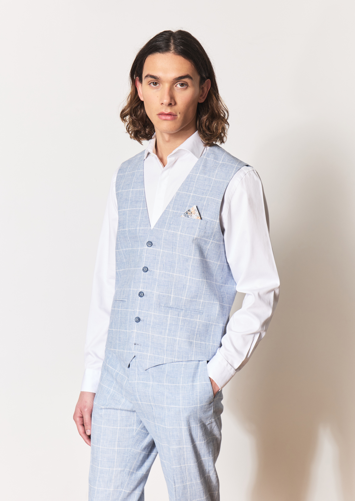 Gilet casual en lin et coton bleu glacier Prince de Galles