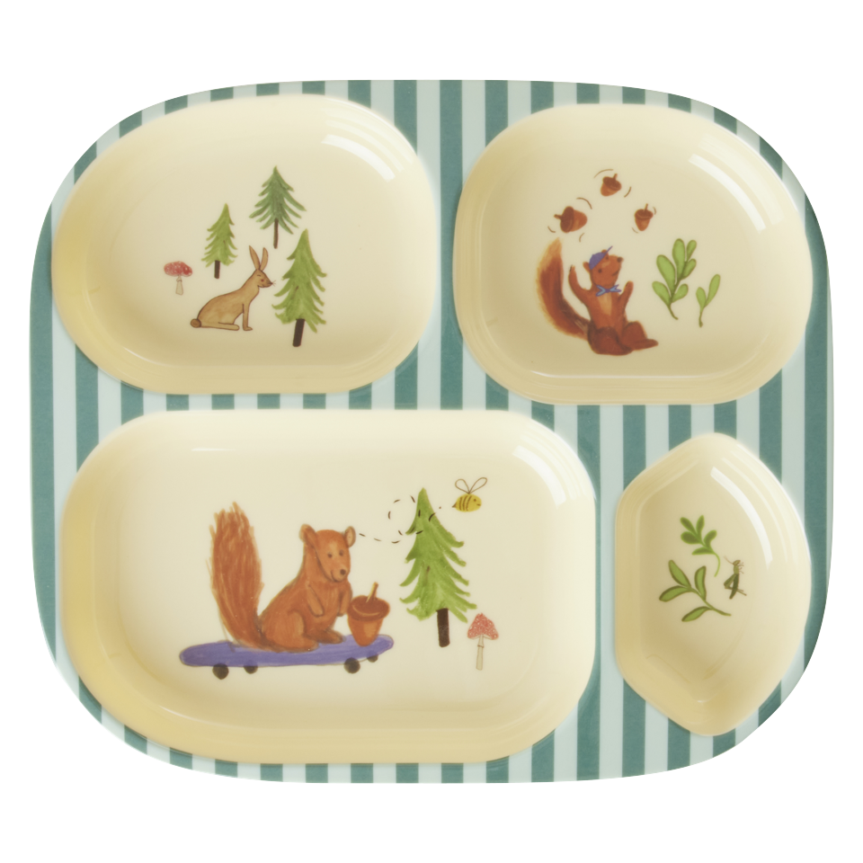 Rice - Melamine Kids 4 Room Plate - Blue Happy Forest Print - Blue