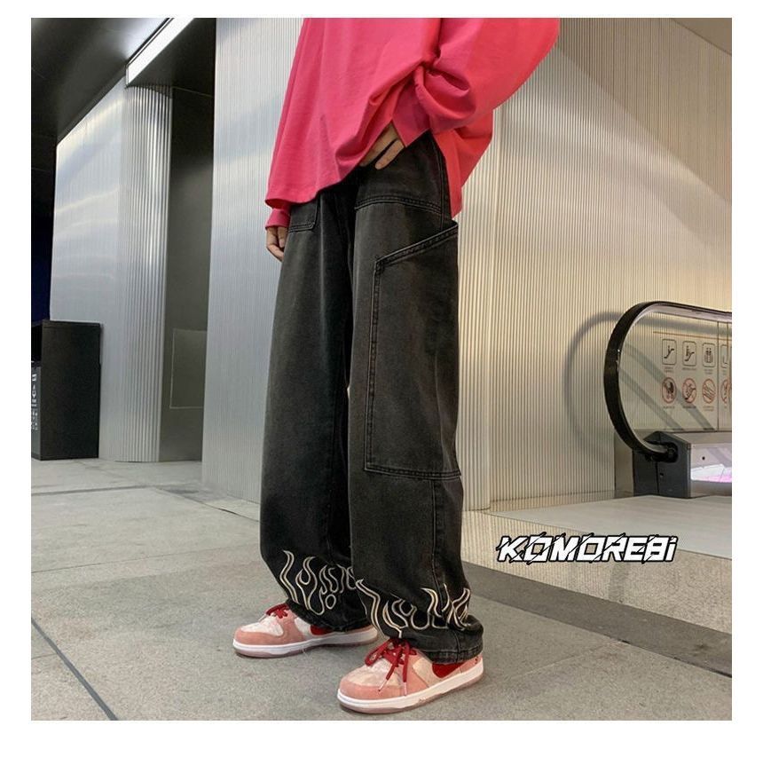 Savenne - Mid Rise Flame Geborduurde Gewassen Rechte Jeans