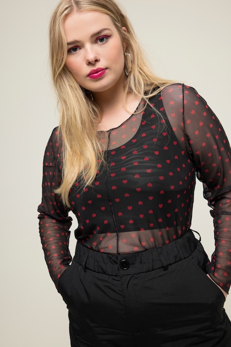 Mesh-Longsleeve, Regular Fit, Heart-Print, Rundhals