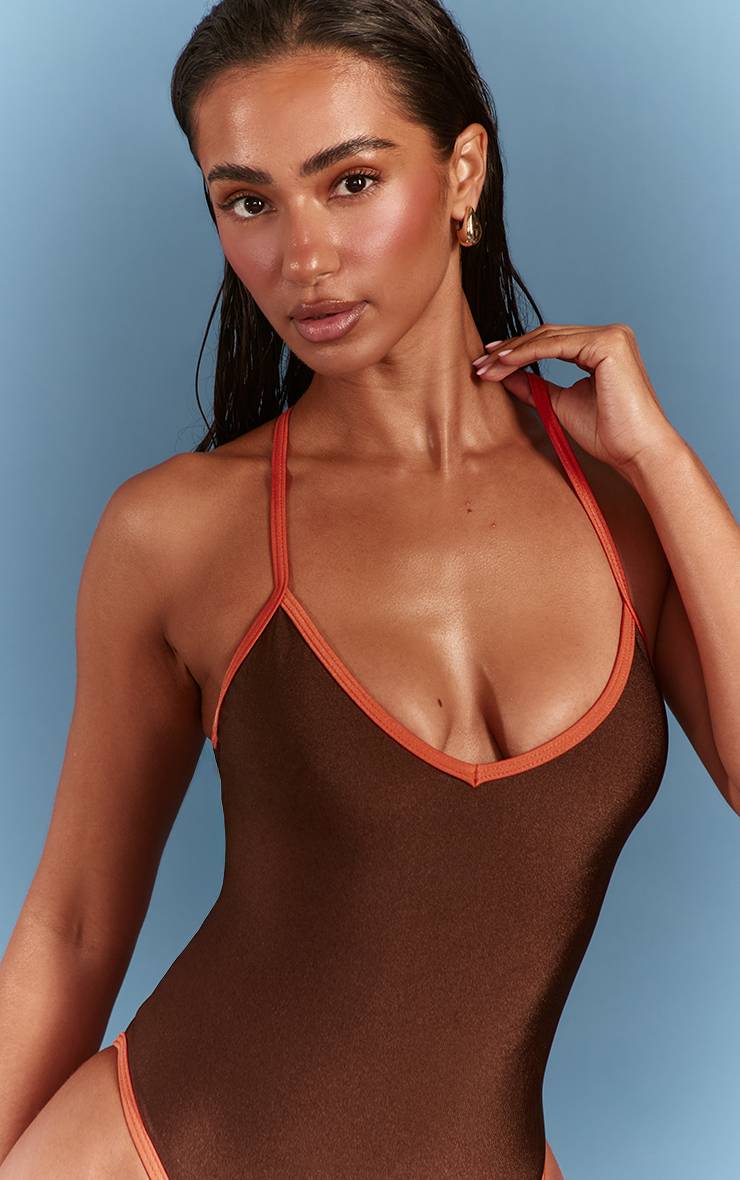 Chocolat Maillot De Bain Une Pièce Brillant À Dos Lacé