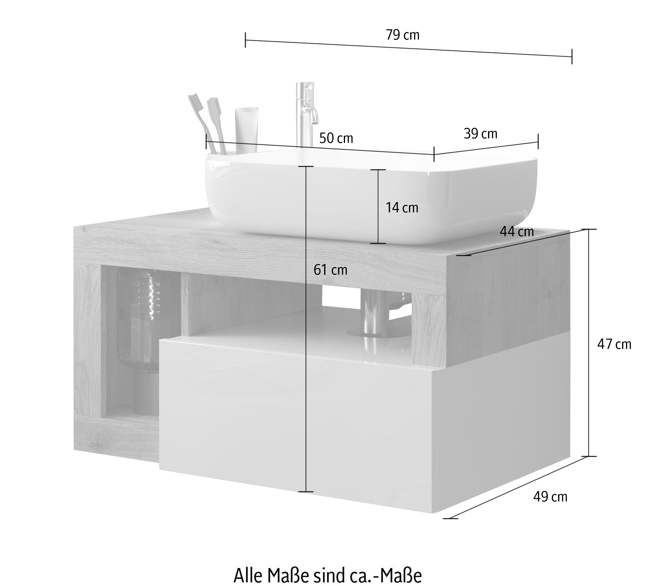 welltime Waschtisch »Hamburg« 1 Schubkasten, Breite 79 cm, Soft-Close, inkl. Keramik-Aufsatzbecken