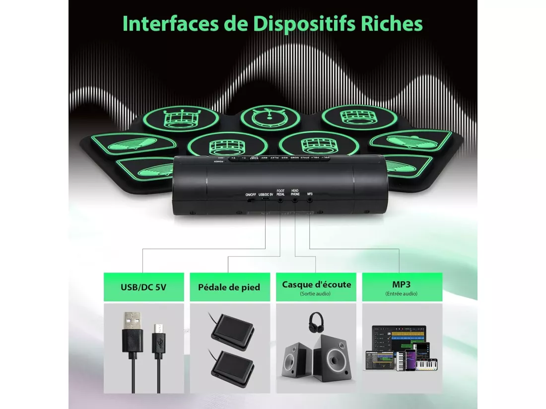 Batterie electronique portable,9 pads,fonction midi,4 morceaux, vert