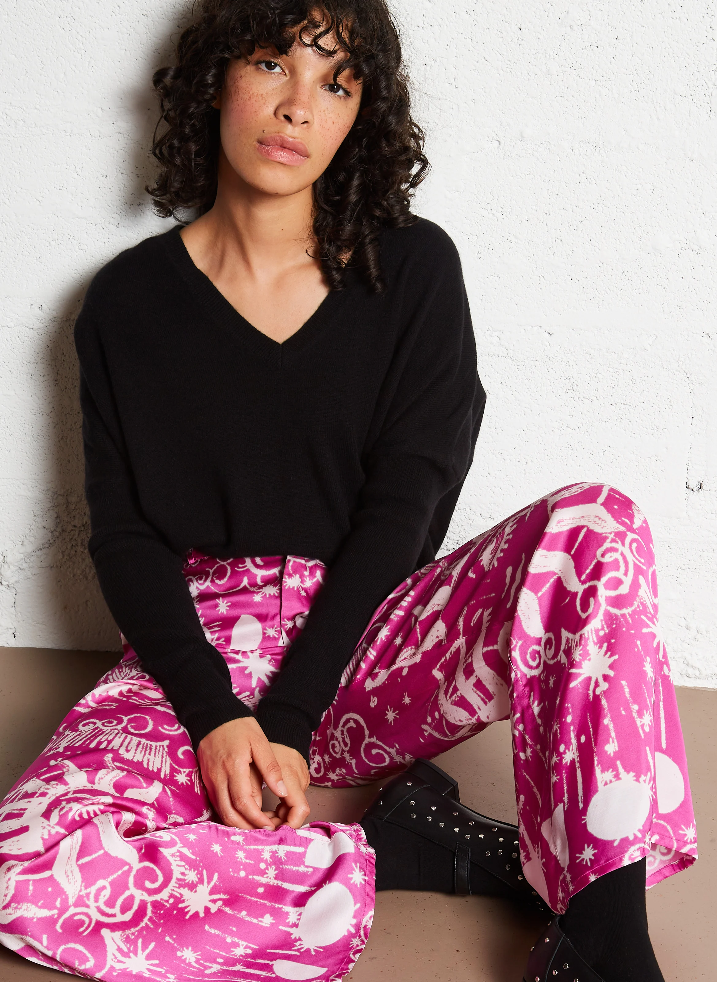 PIERRE - Pantalon droit taille haute imprimé | Rose