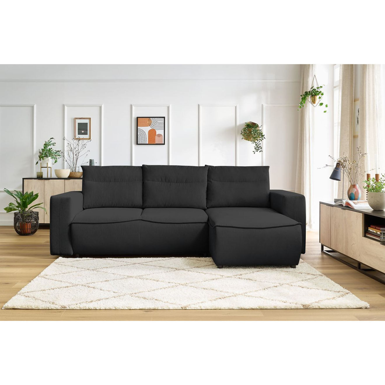 Bobochic Canapé d'angle droit convertible coffre jasmin velours côtelé gris foncé - 256x158x90 cm