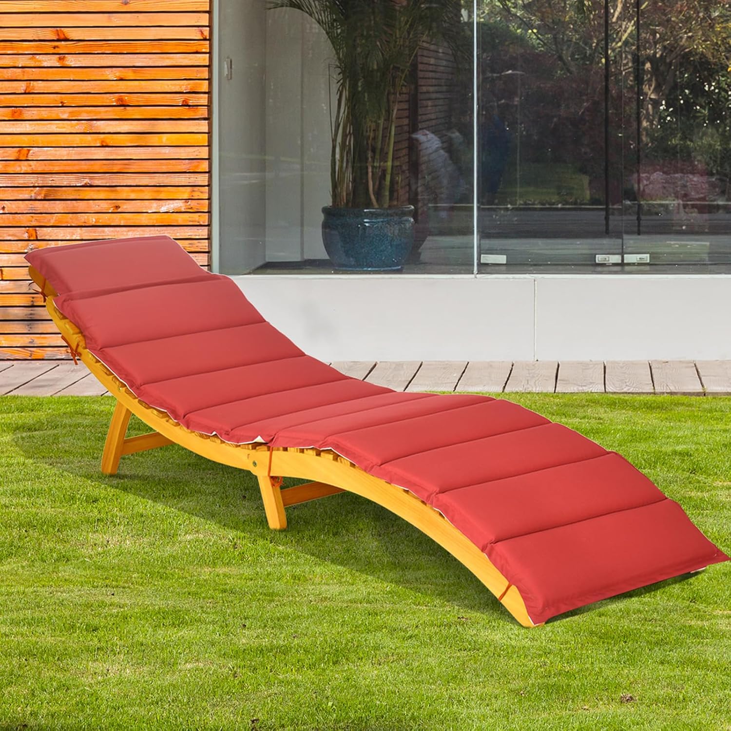 COSTWAY Sonnenliege klappbar mit Auflage, Gartenliege Holz mit klappbarer Kopfstütze, ergonomischer Liegestuhl, Terrassenliege bis 180 kg belastbar, Holzliege für Garten, Terrasse, Hinterhof