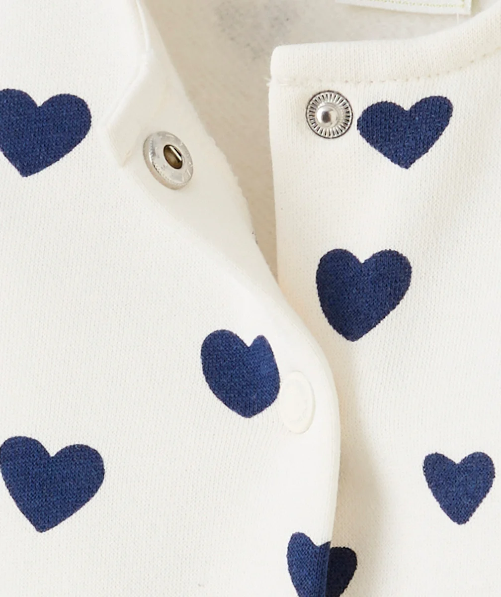 CARDIGAN BÉBÉ FILLE EN FIBRES RECYCLÉES BLANC AVEC IMPRIMÉ COEUR BLEU