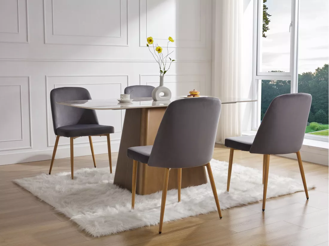 Lot de 6 chaises en velours et métal effet bois - Gris - MINAGRI