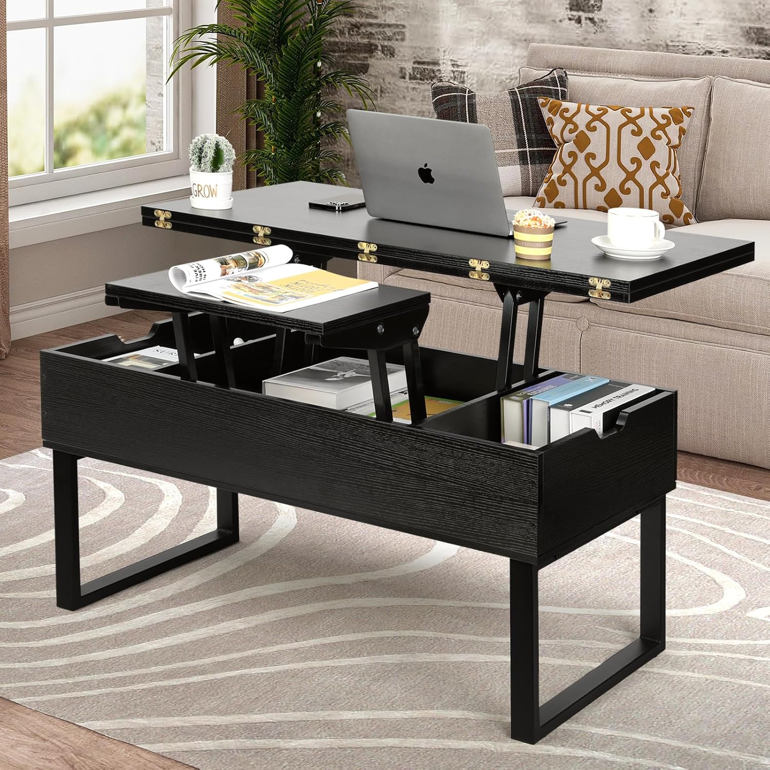 VOWNER Couchtisch Höhenverstellbar, 3-in-1-Multifunktions-Wohnzimmertisch mit Versteckter Aufbewahrung, Couchtisch Umwandelbar in Wohnzimmer-Esstisch, Schwarz mit Holzmaserung