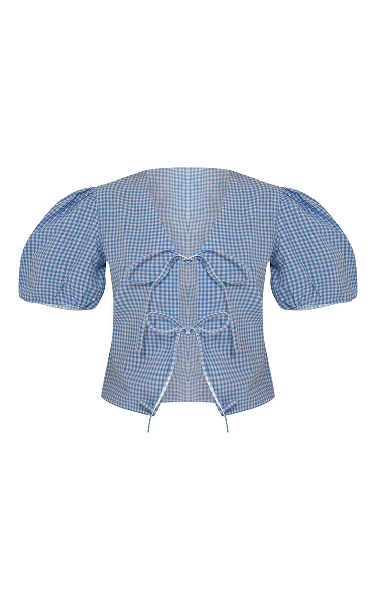 Blue Gingham Ensemble Coordonné Blouse À Manches Bouffantes Avec Détail Noué