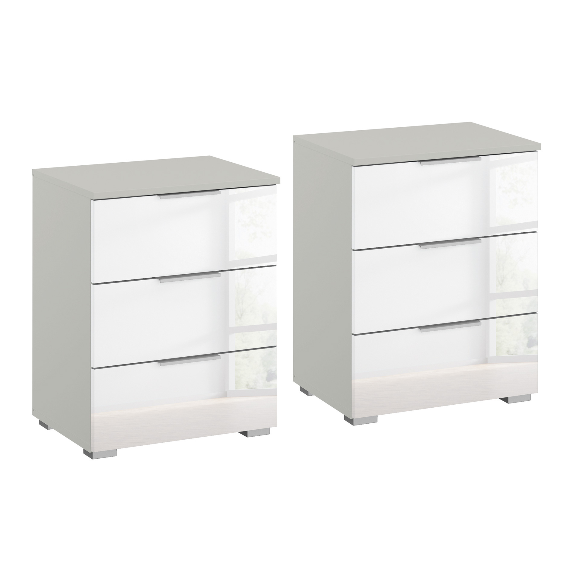 2er-Set-Nachttisch - seidengrau-weiß Hochglanz - 3 Schubkästen - 47 cm