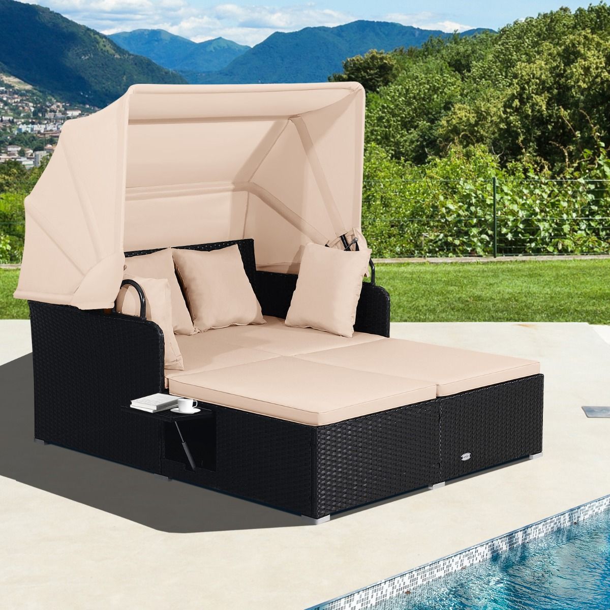 Chaise Longue à 2 Places en Rotin avec Auvent Rétractable Bain de Soleil avec Panneaux Latéraux Pliables Charge 360KG Beige/Gris - Lidl-Manfred