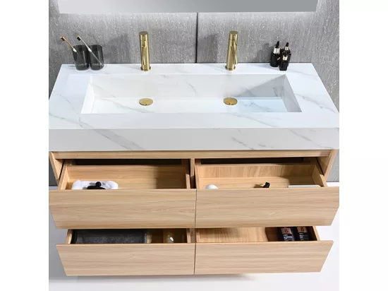 Meuble salle de bain double vasque 120cm bois naturel et effet marbre blanc avec miroir LED LB-8476C-120