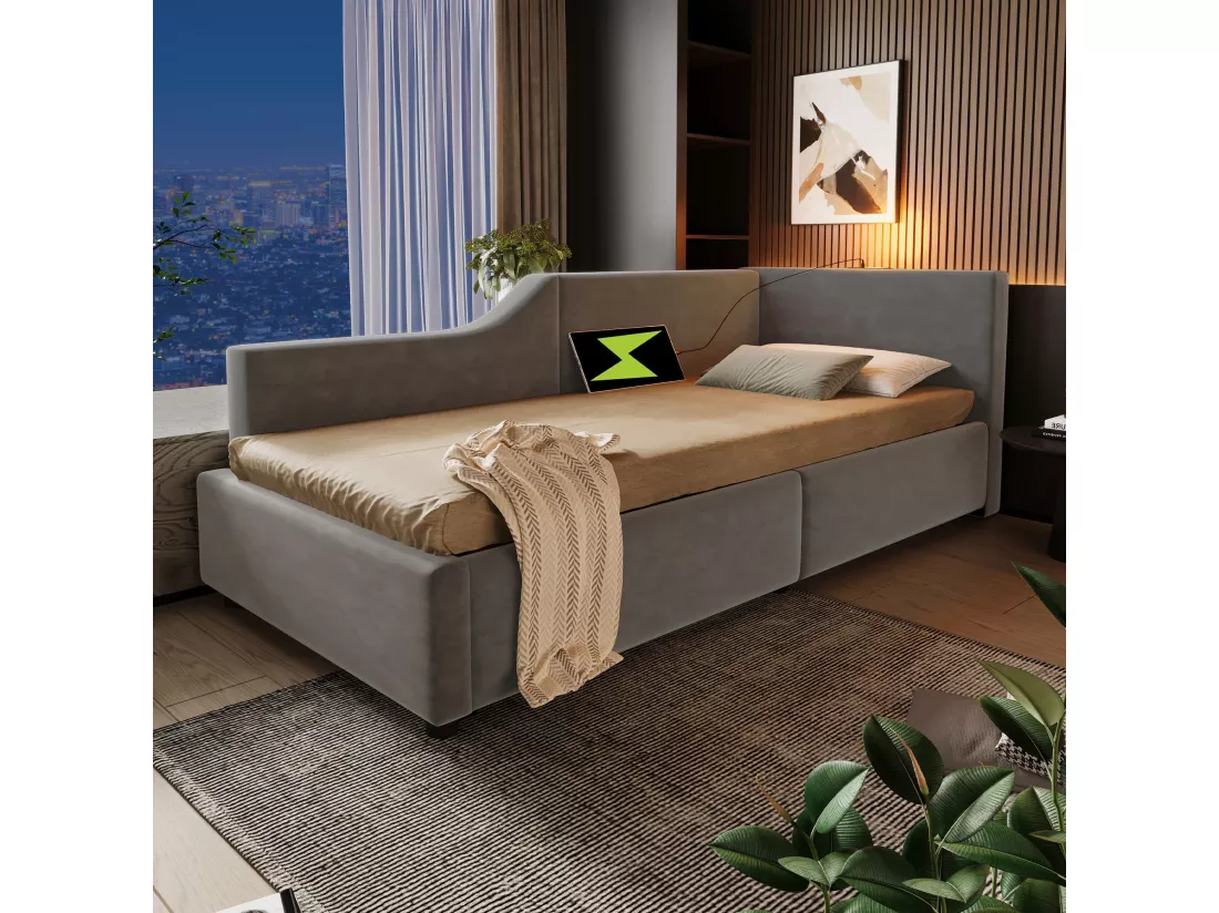 Canapé-lit pour enfants 90x190 cm, avec liseuse et chargeur USB-C, velours, gris