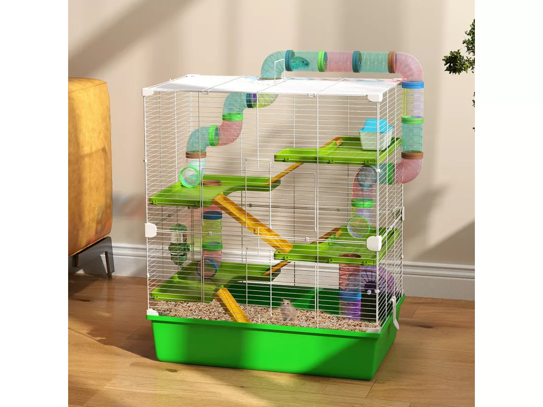 Grande cage à hamsters 5 niveaux - tunnels, abreuvoir, roue, maisonnette, échelles - dim. 59L x 36l x 69H cm - métal PP vert