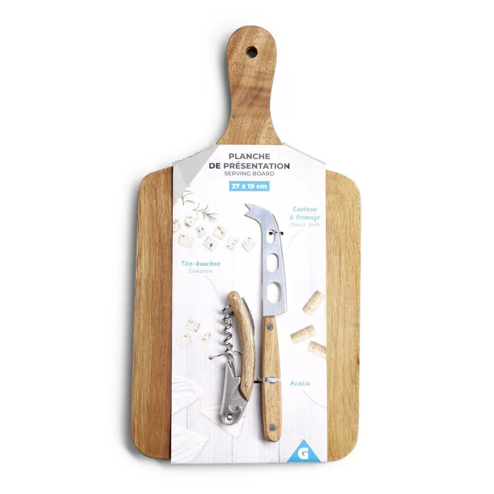 Planche de présentation avec couteau et tire-bouchon acacia 37x19cm