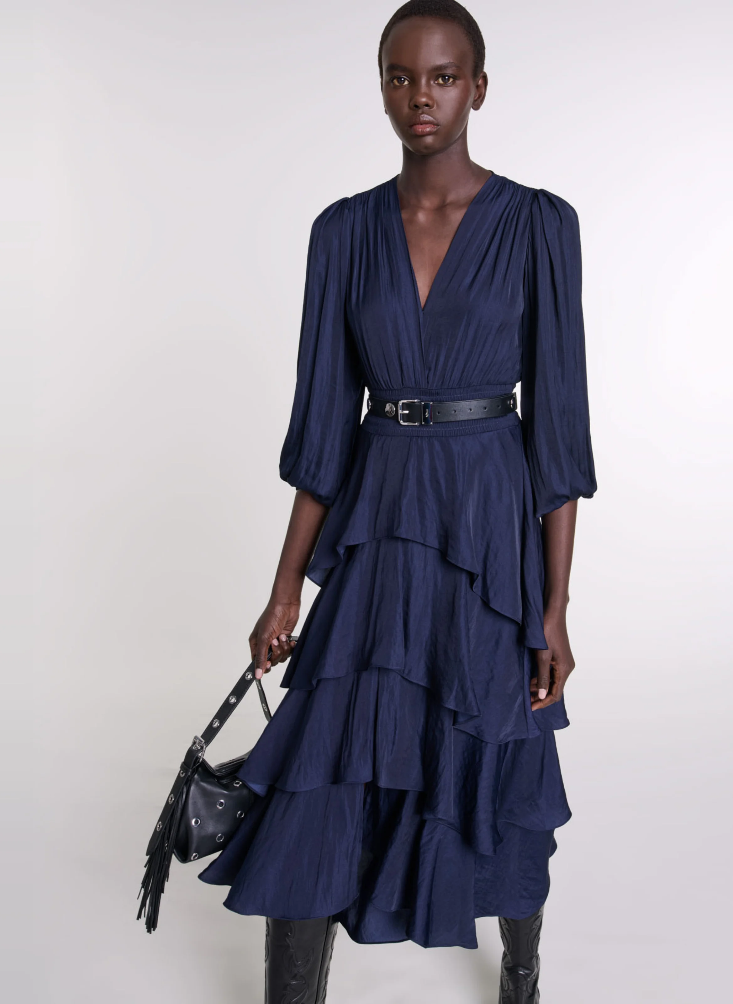 Robe longue col V à volants| Bleu