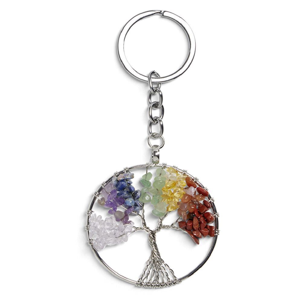 Porte clé avec médaillon arbre de vie et pierres colorées - 3 coloris
