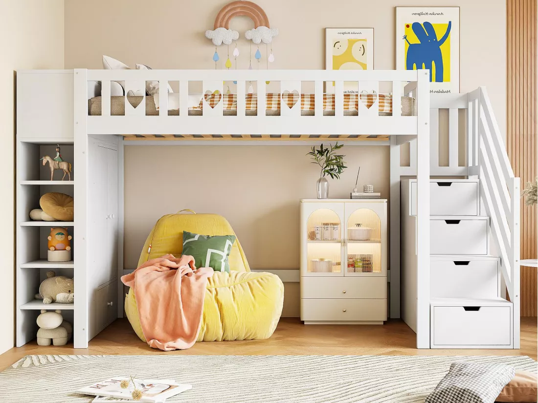 Lit mezzanine 90x200 cm en bois - avec multiples rangements & échelle de rangement - Blanc