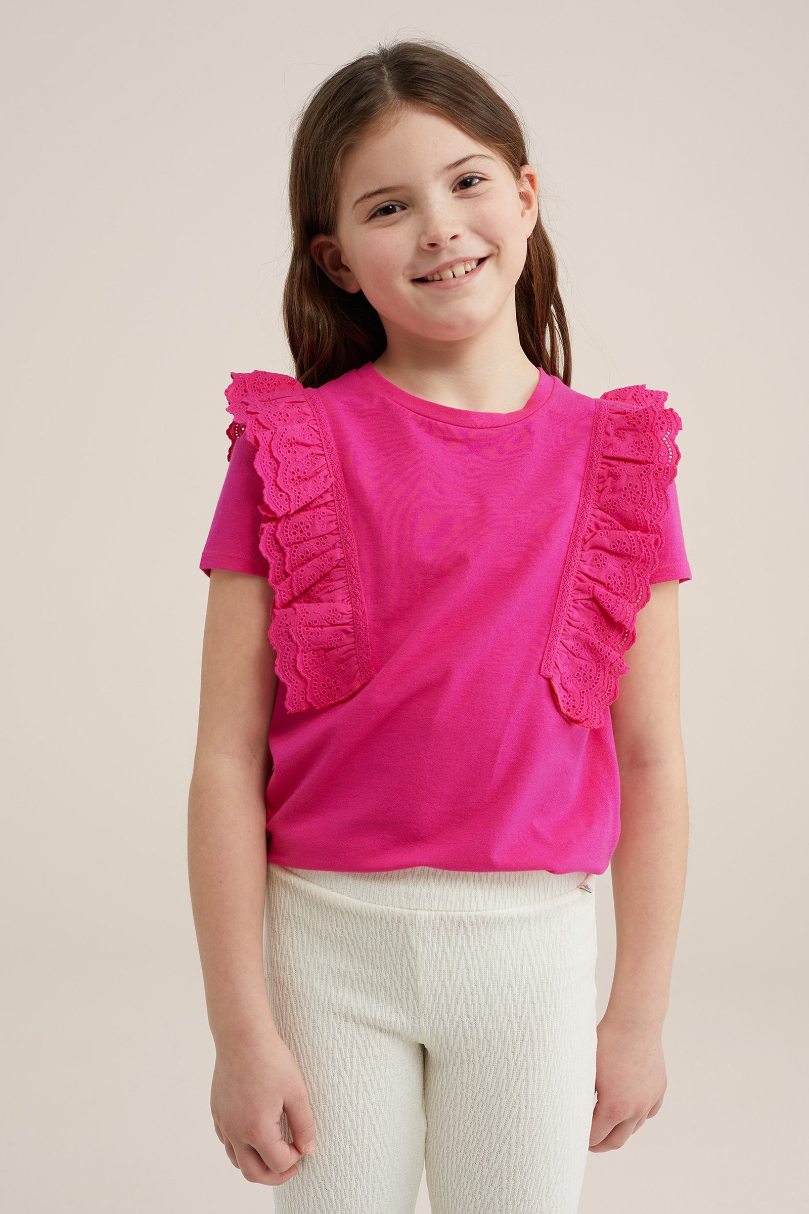 Meisjes T-shirt met ruches WE Fashion Felroze