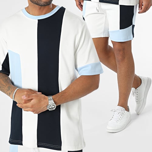 Ensemble Tee Shirt Et Short Jogging Blanc Bleu Clair Bleu Marine