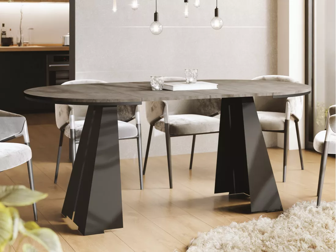 Table à Manger Ronde Extensible Avec Piètement Métallique Noir - Table Industrielle Moderne Pour Salle à Manger Ou Cuisine - 100 Cm à 180 Cm - Fabriqué En Ue - Grey