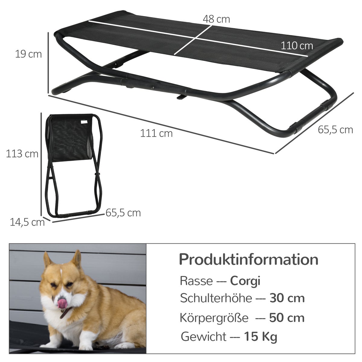 PawHut Huisdierbed, 111L x 65,5B x 19H cm, Stalen Gaasstof, Zwart