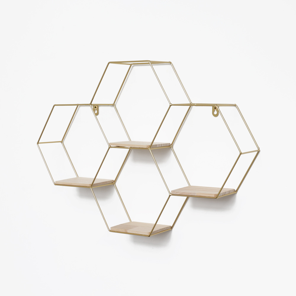Etagère murale quadruple hexagonale en métal - 40,5x58 cm - or