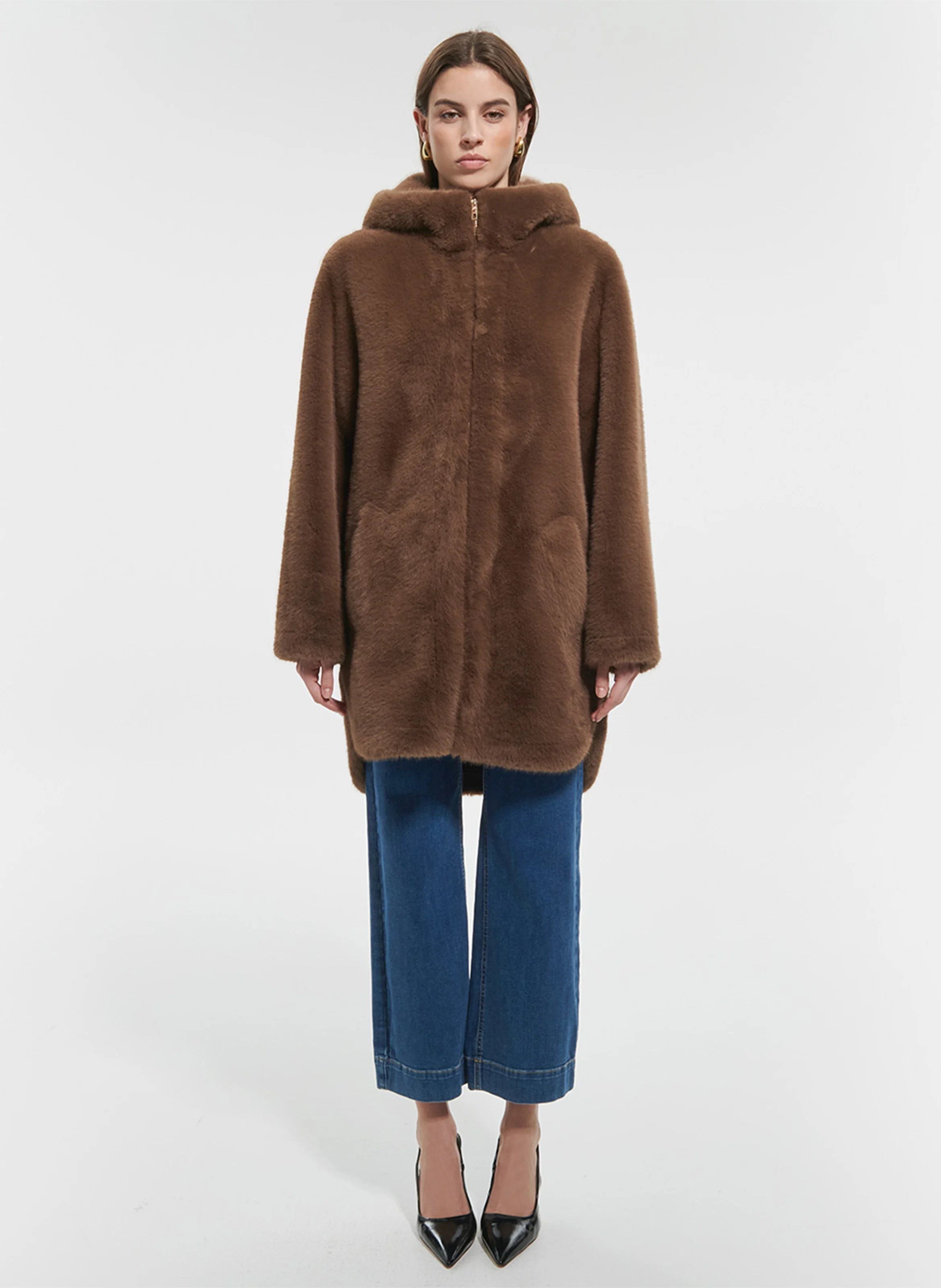 MACEY - Manteau droit à capuche | Marron