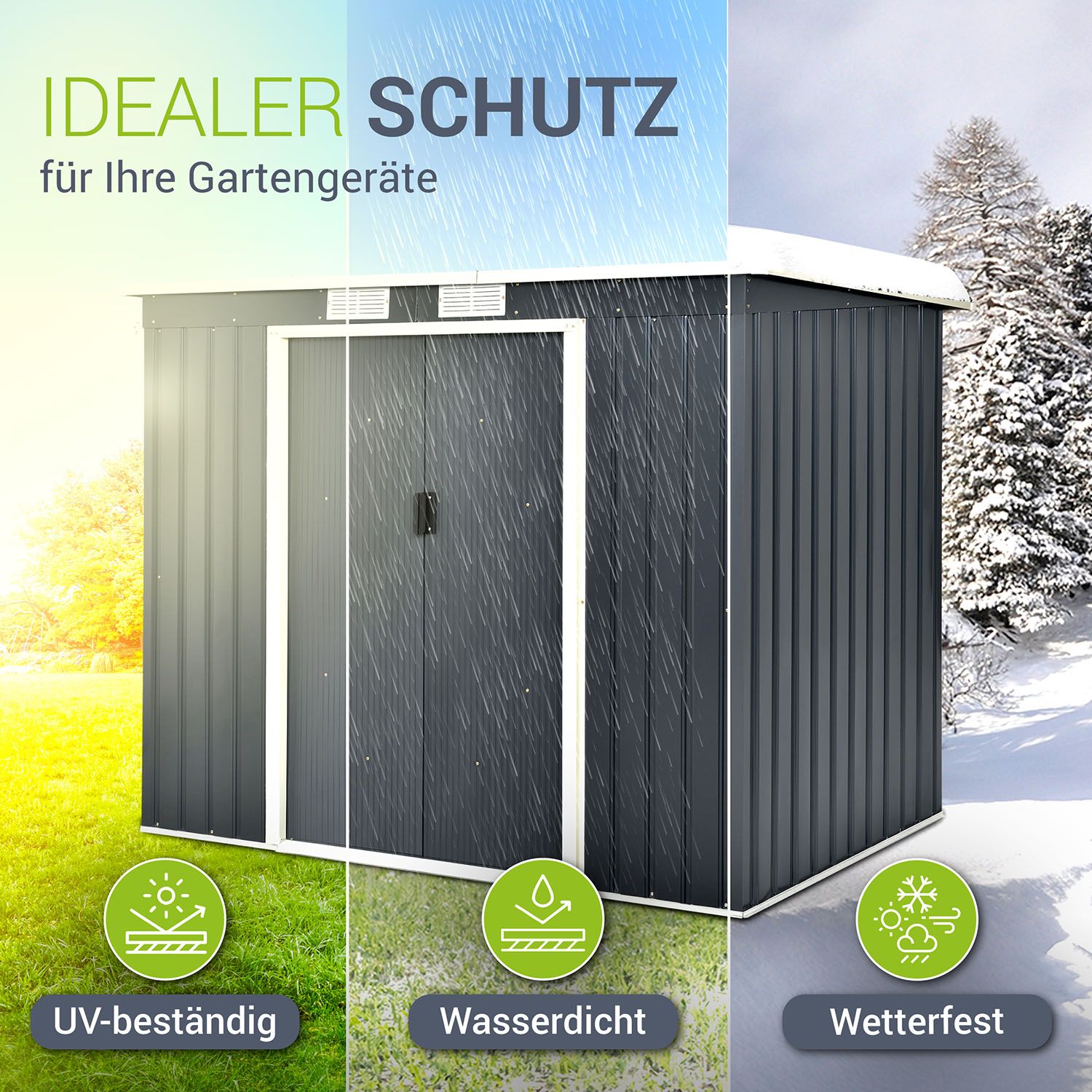 Juskys Metall Gerätehaus Geräteschuppen M mit Pultdach, Schiebetür & Fundament 4m³ anthrazit