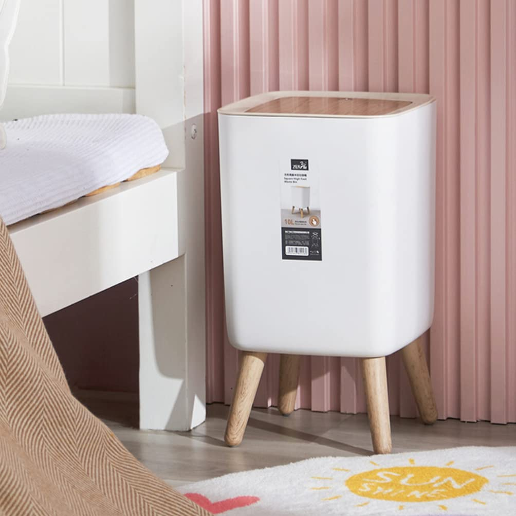 (10l) Deko Mülleimer Abfall Behälter mit Press Top Deckel   Standfüsse für Badezimmer / Küche / Büro - Weiss / Braun