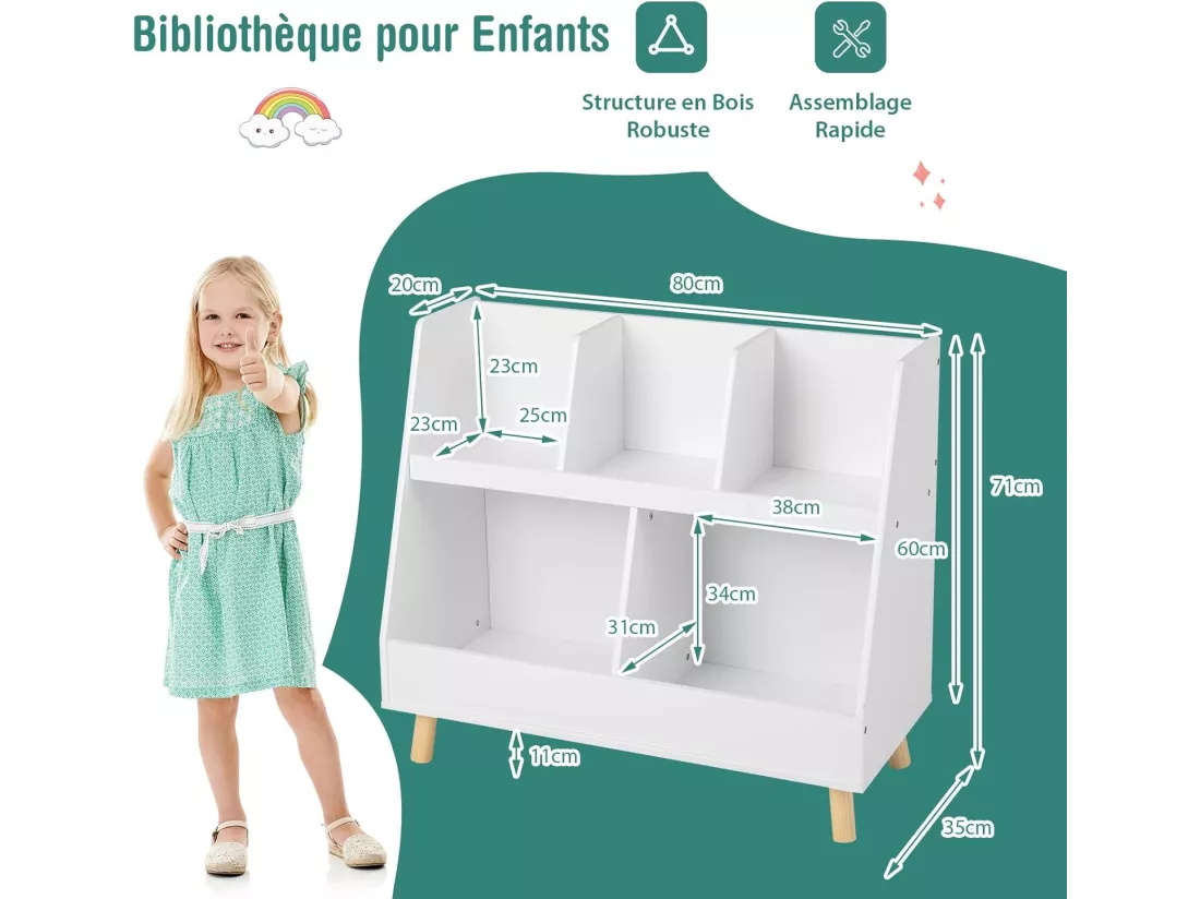 Bibliothèque enfant à 2 niveaux avec 5 cubes, étagère à livres en bois, 80x35x71 cm