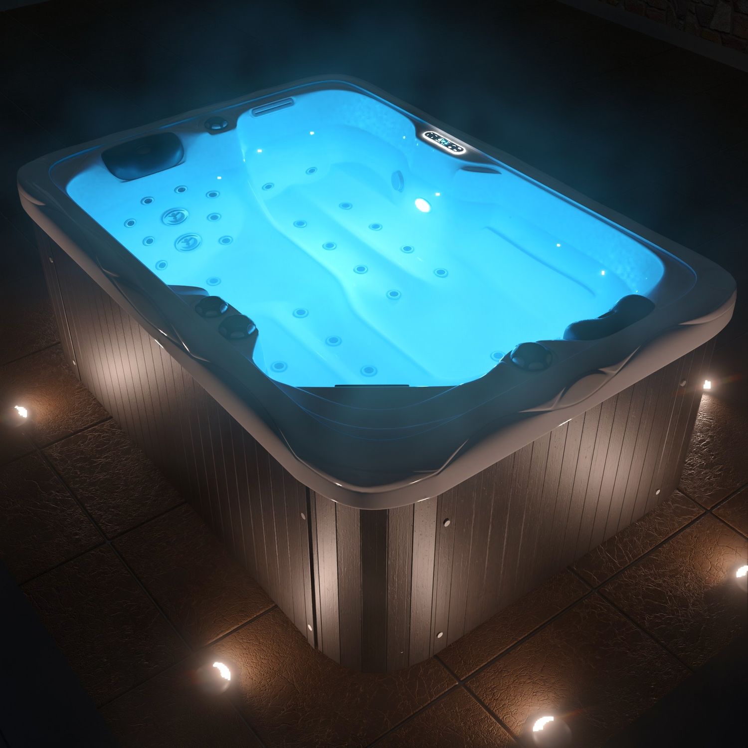 TroniTechnik® Outdoor Whirlpool LEVANZO, 2,2kW Pumpe, 3kW Heizung - 190 x 135 x 77cm - Inkl. Heizung, 41 Massagedüsen, inkl. Treppe