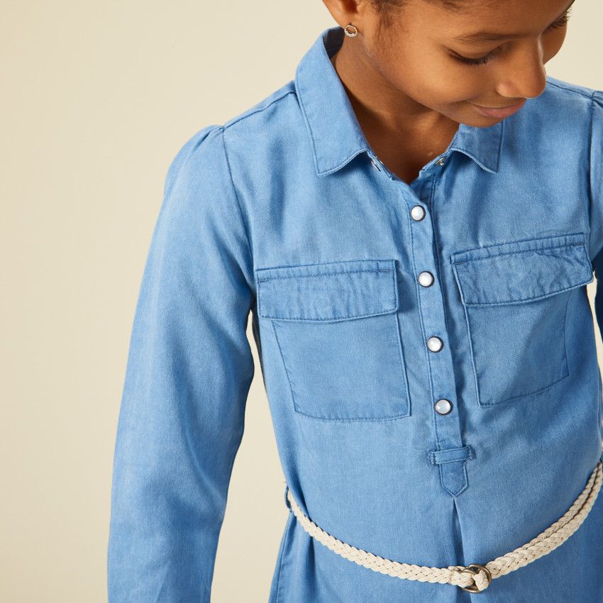 Robe chemise avec ceinture tressée pour fille - Bleu