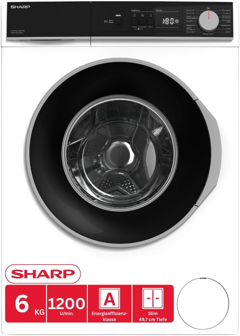 Sharp ES-NFA612BW1NA-DE Waschmaschine Frontlader, 6 kg, 1200 U/min, Energieklasse A, AllergySmart, EcoLogic, AquaStop, Inverter-Motor, WaveCabinet, Weiß