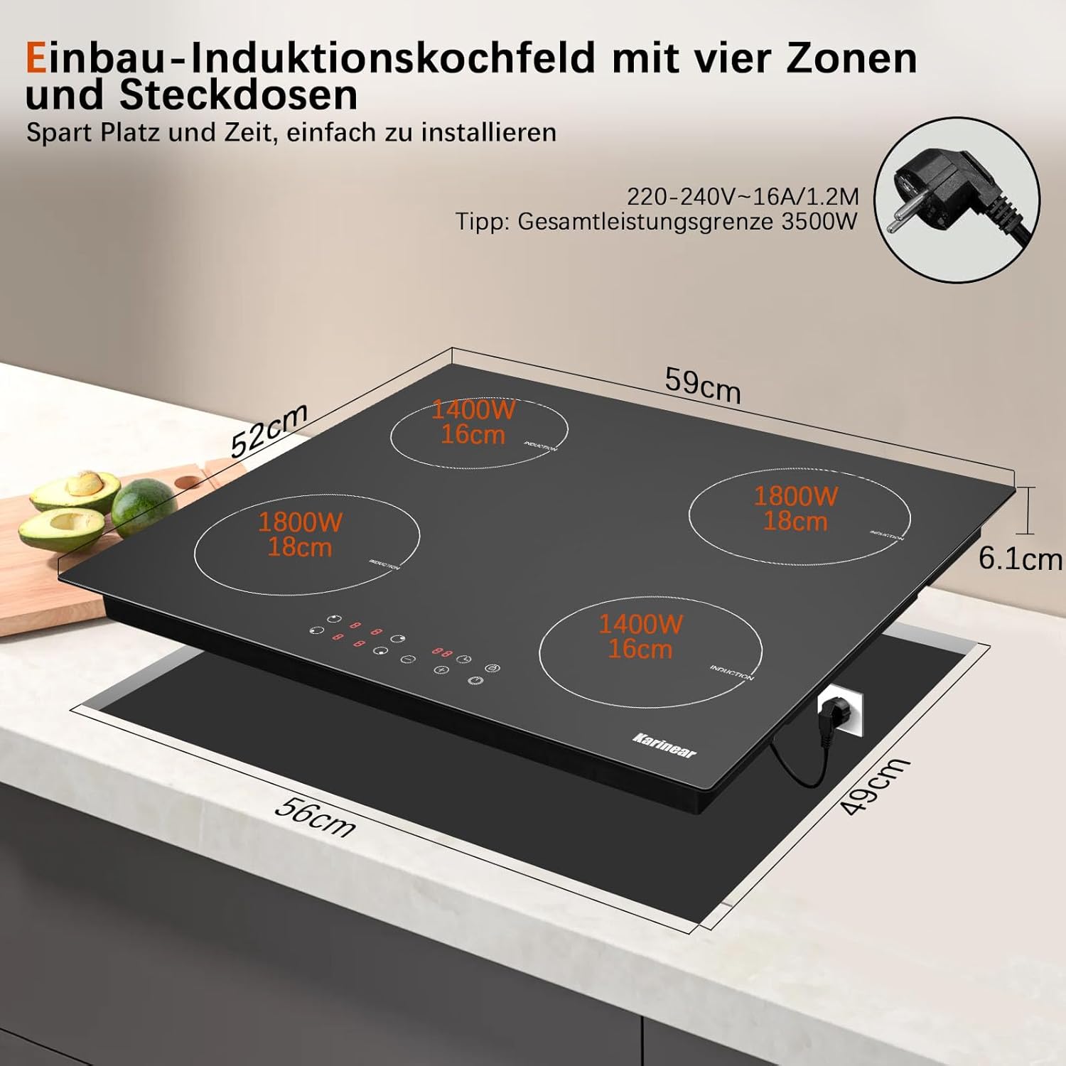 Karinear Induktionskochfeld 60 cm 4 Platten, Einbau Kochfeld Induktion mit Stecker, 3500W 9 Leistungsstufe, Timer, Kindersicherung, Automatische Abschaltung, 220-240V
