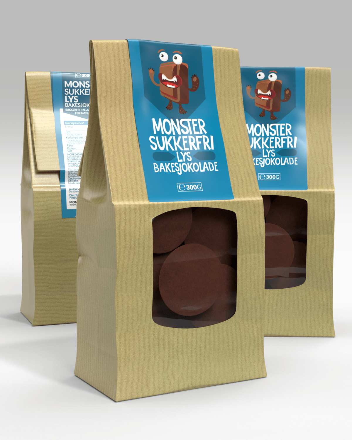 Monster Sukkerfri Lyse Sjokoladeknapper\/Bakesjokolade 3x300g - TREPAKNING!