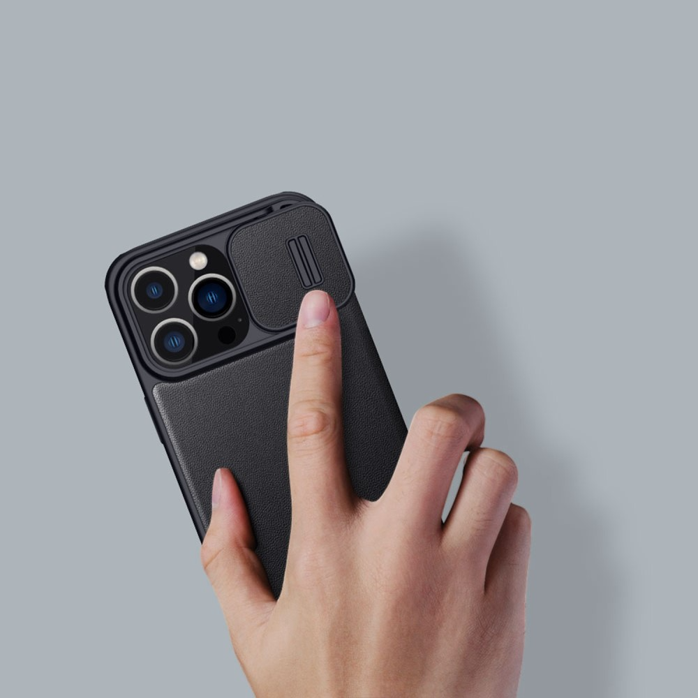 iPhone 14 Pro Max Leder Tasche Cam-Slider Kameraschutz - Dunkelblau