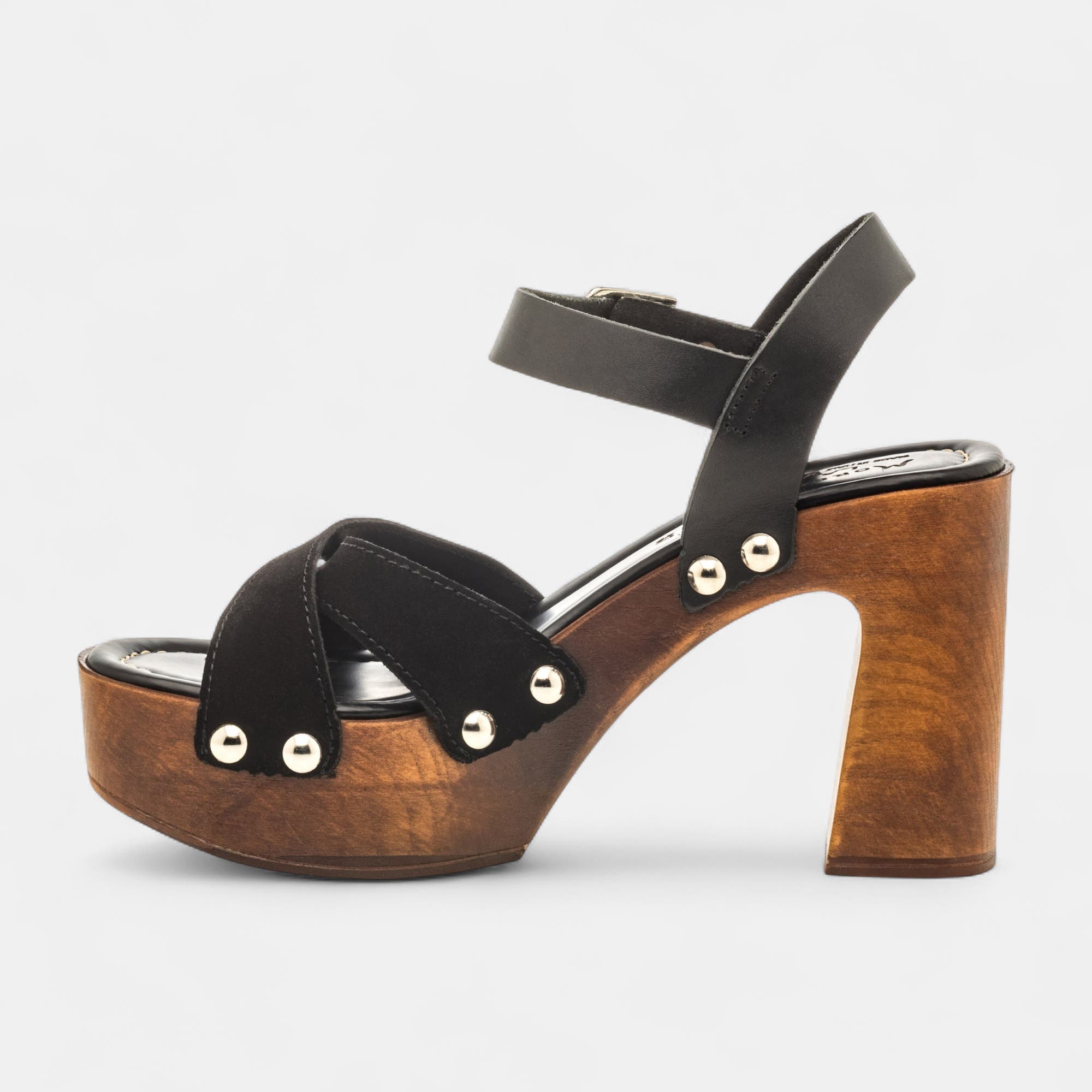 Chaussures semelle bois à talon Femme en cuir noir