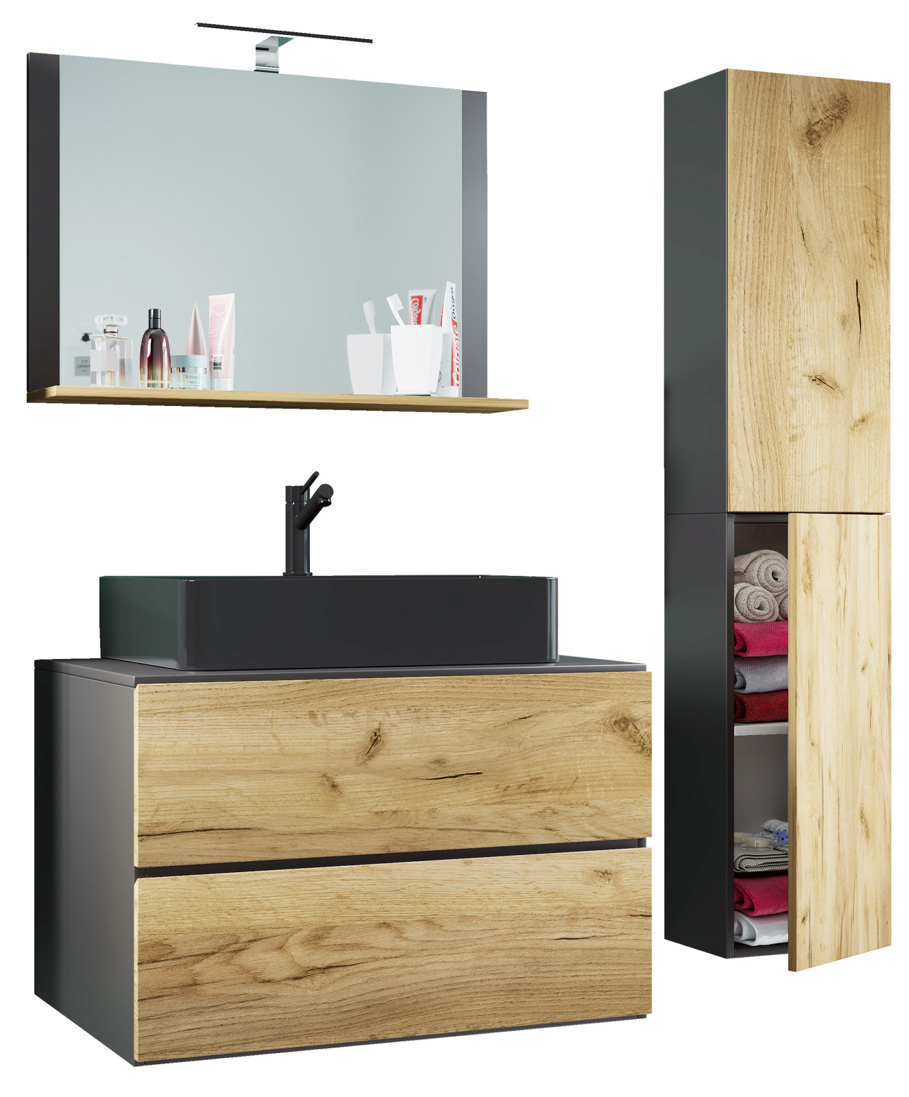 4-teiliges Badmöbel-Set LENDAS L - anthrazit - Honig Eiche - mit Hochschrank - 80 cm