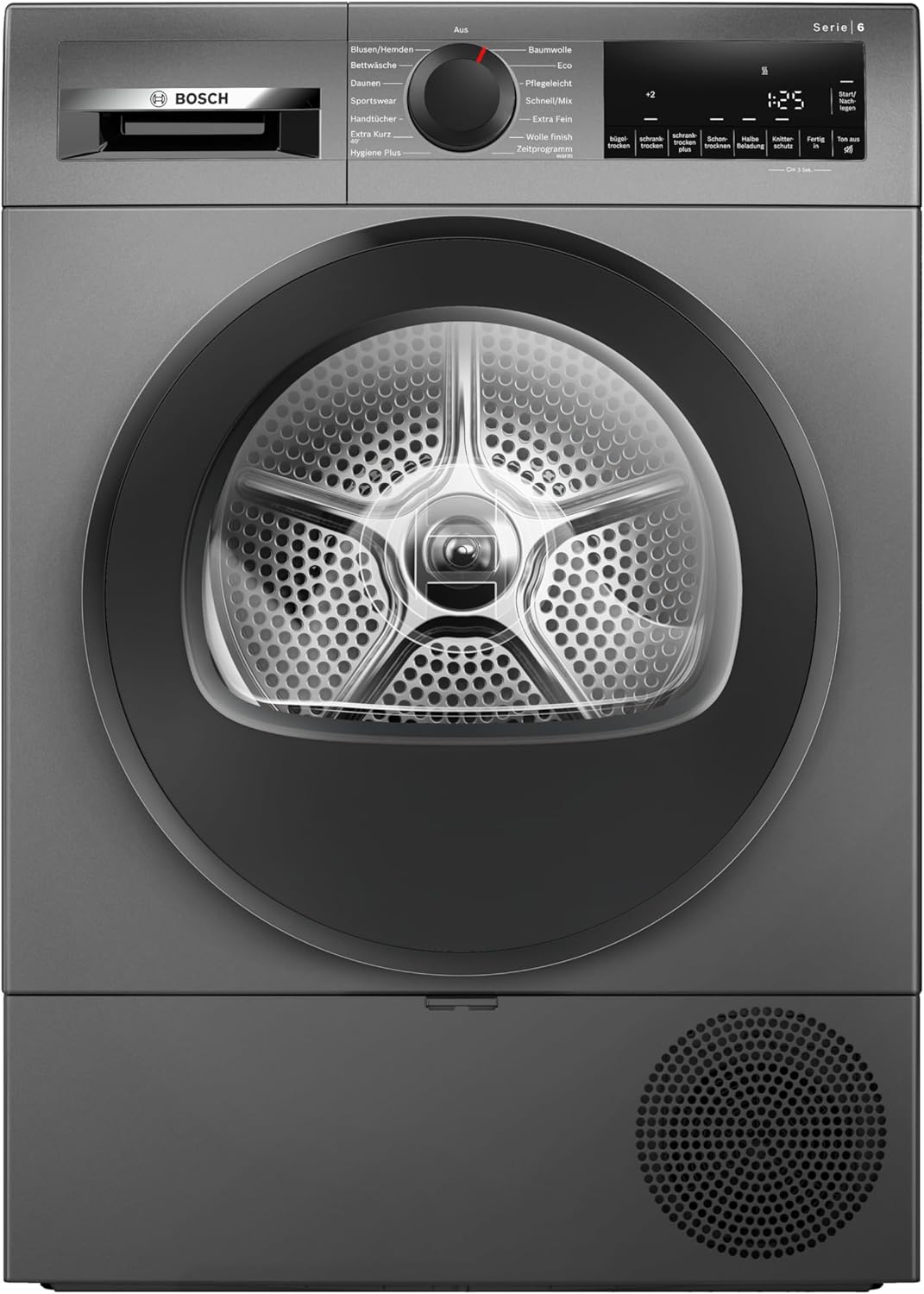 Bosch WQG243DR10 Serie 6, Wärmepumpentrockner 9 kg, Extra Kurz Trockenprogramm, Halbe Beladung Option, Auto Dry, Easy Clean Filter, Sensitive-Drying-System, Trommelreversierung, Innenbeleuchtung, Grau