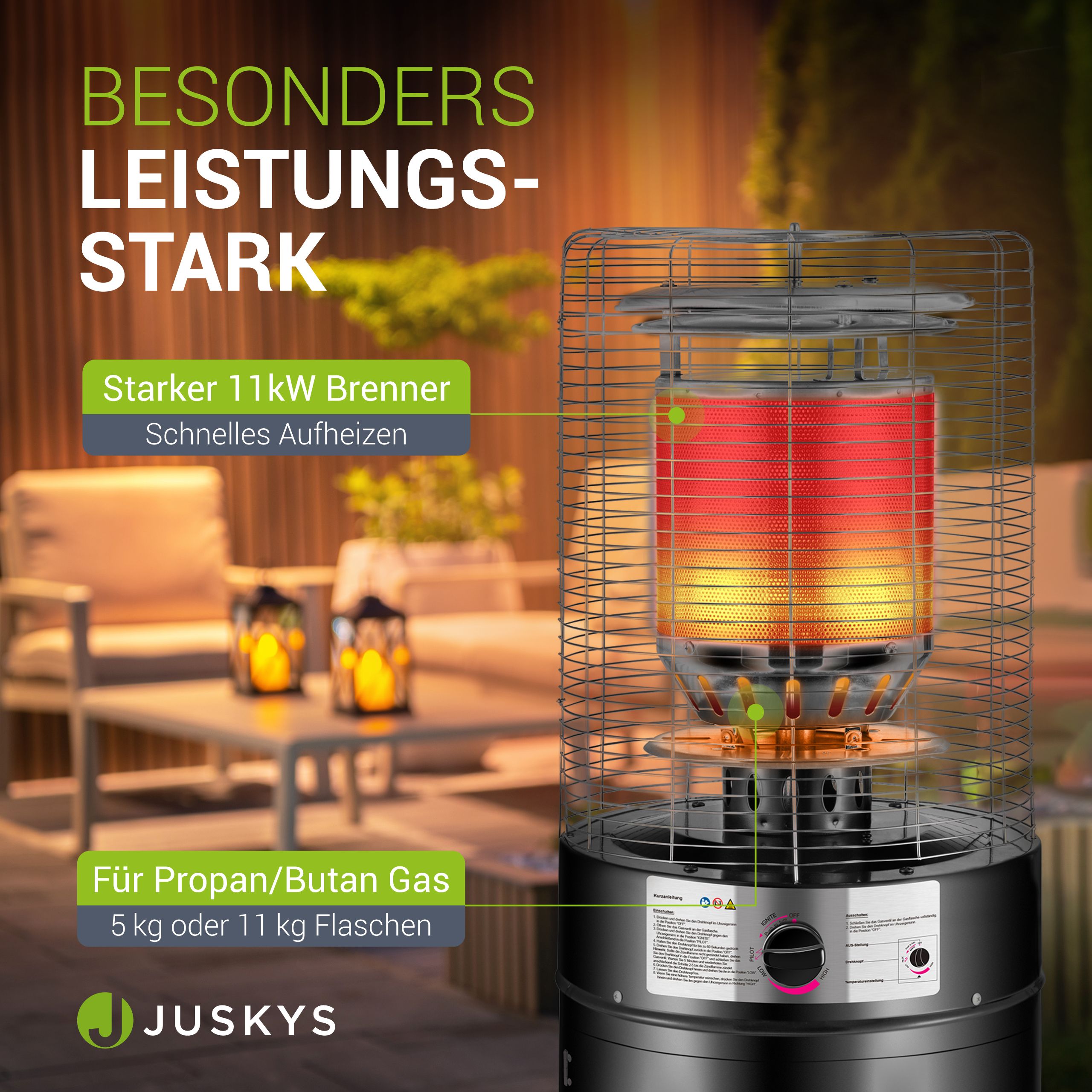 Juskys Outdoor Heizstrahler Cuna mit 11 kW Gas-Brenner, Heizpilz für Terrasse, Balkon und Garten