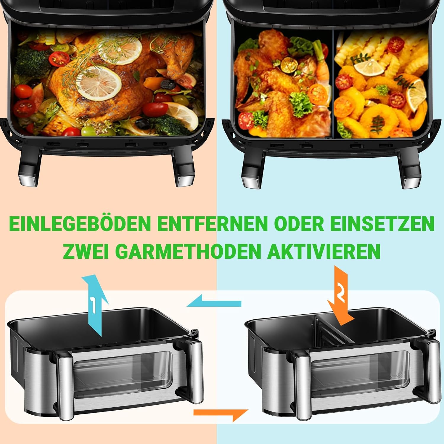 Heißluftfritteuse XXL mit Rezept | 12L Airfryer Variabel Für Einzel-und Zweikammer, 8-in-1 Heissluftfritteuse Doppelkammer Separate Temperaturregelung, Air Fryer 2 kammern mit Touchscreen Max 200℃