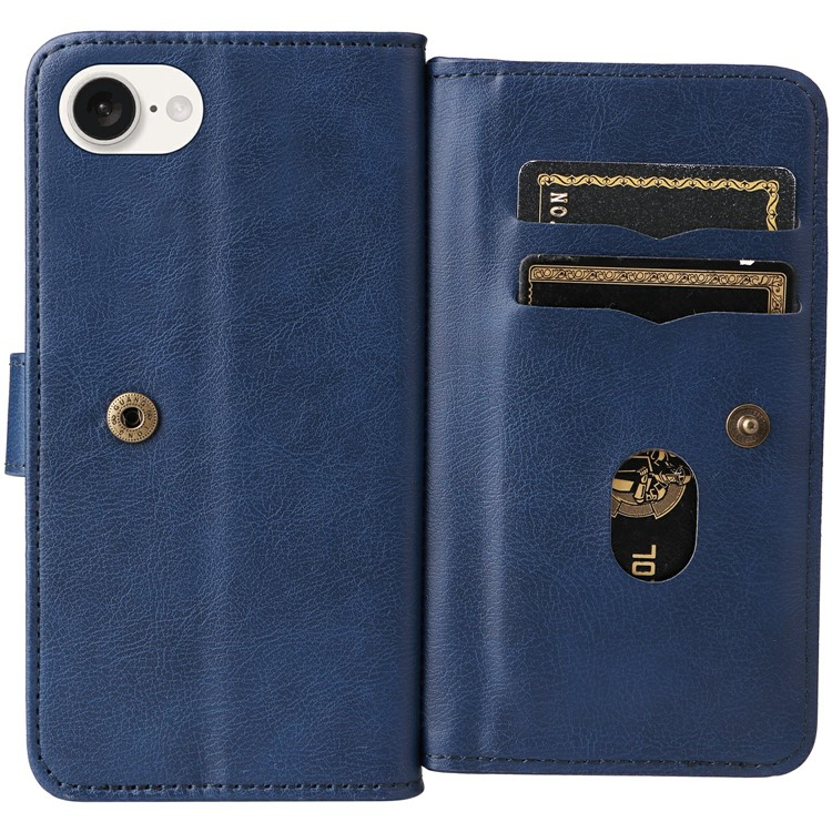 iPhone 16e Leder Tasche Flip Cover Kartenfächer mit Druckknopfverschluss - Blau