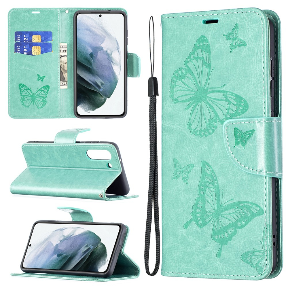 Samsung Galaxy S21 FE 5G Leder Tasche mit Kartenfach   Handschlaufe Schmetterling - Türkis